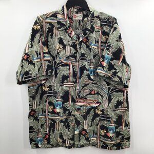 VTG Men's 2XL Hawaiian Shirt Hilo Hatties Palms Canoes Button Down Green Brown